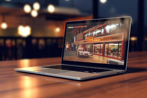 Laptop realista em uma mesa com um site comercial na tela ilustração generativa ai