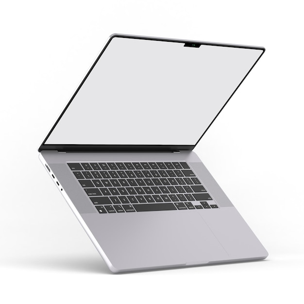 Laptop-rechte Ansicht, die lokalisiert im weißen Hintergrund schwimmt