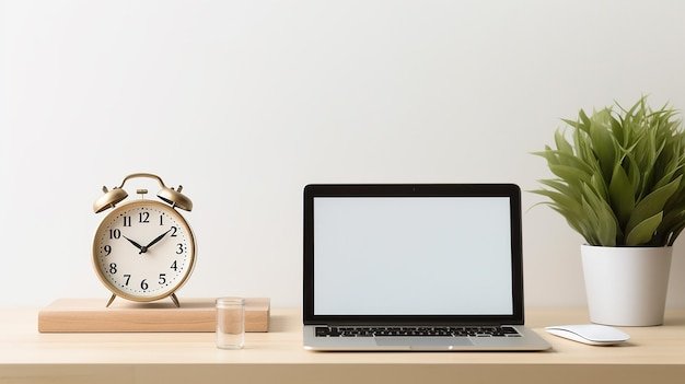 Laptop y reloj en la mesa blanca