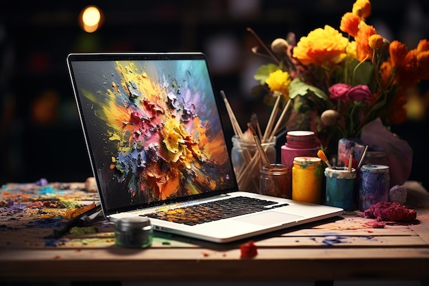 Laptop en una sala de artesanía con suministros de arte