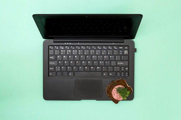 Laptop y sándwich con salchicha en un fondo verde