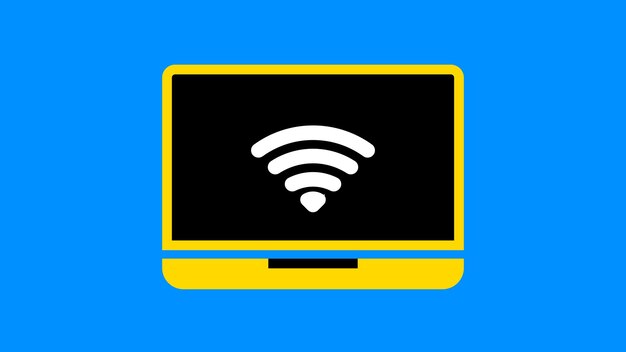 Laptop con señal wi-fi en un fondo azul