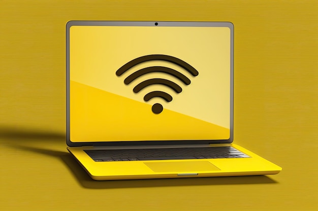 Foto laptop con señal wifi en la pantalla concepto de tecnología de fondo amarillo ia generativa