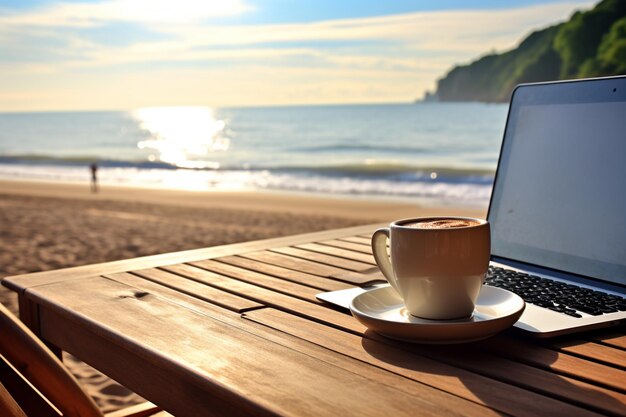 laptop sentado em uma mesa com uma xícara de café IA generativa