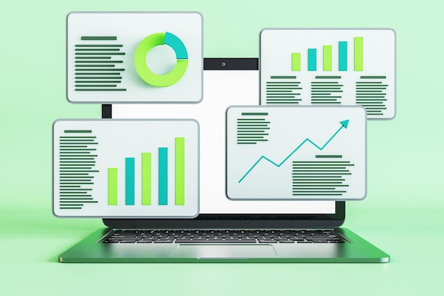 Laptop sobre fondo verde con varios gráficos de negocios Análisis y concepto de tendencia Representación 3D