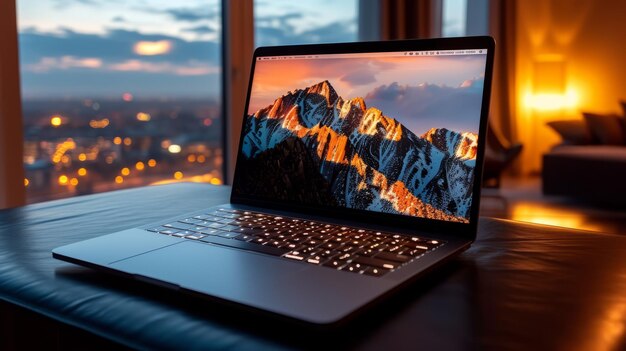 Laptop en un sofá con una vista de la ciudad por la noche