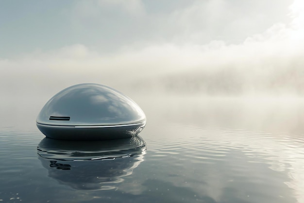 Laptop en la superficie del agua en la niebla de la mañana