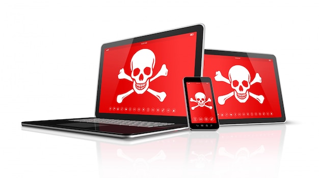 Laptop Tablet PC und Smartphone mit Piratensymbolen auf dem Bildschirm. Hacking-Konzept