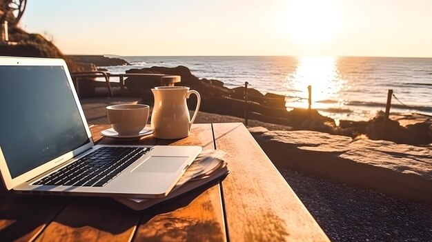 Laptop una taza de café y libros en una mesa de madera en una terraza de puesta de sol con vistas al mar Trabajando en vacaciones nómada digital o influenciador Generativo ai