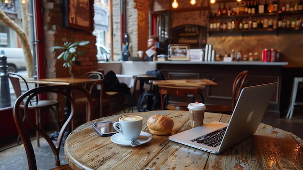 Foto laptop y taza de café en una mesa de madera en una cafetería con paredes de ladrillo y grandes ventanas en el fondo