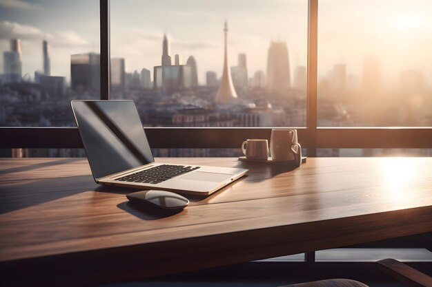 Laptop y taza de café en una mesa de madera con vista a la ciudad en el fondo