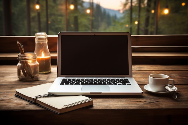 Laptop y taza de café con papelería en el escritorio marrón