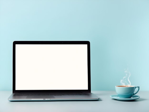 Laptop con una taza de café sobre un fondo azul