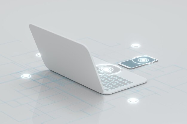 Laptop y teléfono con fondo blanco concepto tecnológico renderizado 3d