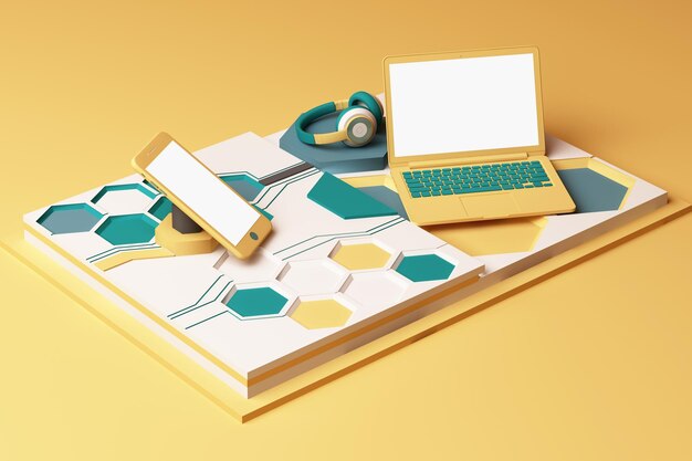 Laptop, teléfono inteligente y auriculares con concepto de tecnología composición abstracta de formas geométricas plataformas en color amarillo y verde renderización 3D