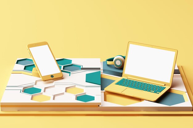 Laptop, teléfono inteligente y auriculares con concepto de tecnología composición abstracta de formas geométricas plataformas en color amarillo y verde renderización 3D