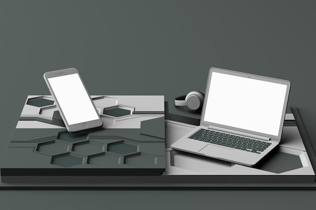 Laptop, teléfono inteligente y auriculares con concepto de tecnología composición abstracta de formas geométricas plataformas en color gris renderización 3D