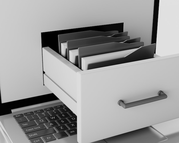 Laptop und Aktenschrank mit Ordnern. Datenspeicherungskonzept. 3d darstellung.