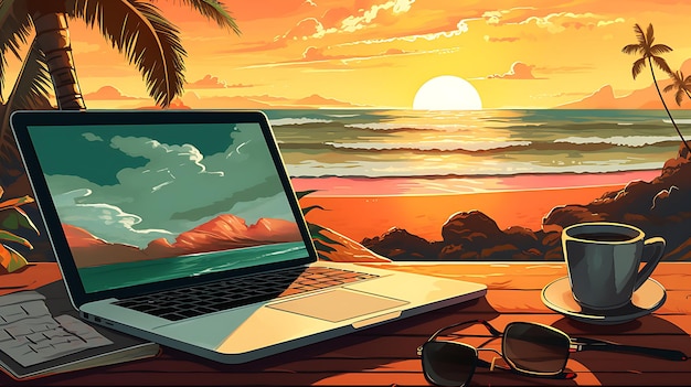 Laptop und eine Tasse Kaffee auf einem Holztisch auf einer Sonnenuntergangsterrasse mit Blick auf das Meer