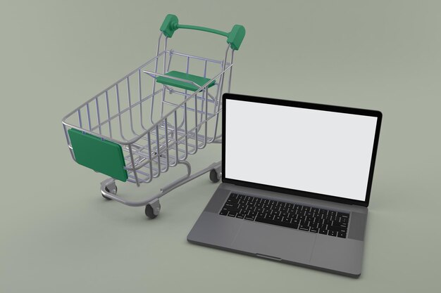 Foto laptop und einkaufswagen-vorderseite im grünen hintergrund