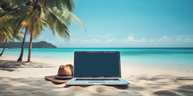 Laptop und Hut am Strand mit Hut und Hut.