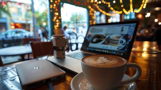 Laptop und Kaffeetasse auf einem Holztisch in einem Café, verschwommener Hintergrund mit Leuten, die vor dem Fenster vorbeigehen, warme und einladende Atmosphäre