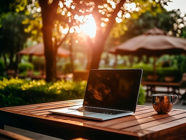 Laptop und Kaffeetasse auf Holztisch im Straßencafé mit generativer KI bei Sonnenuntergang