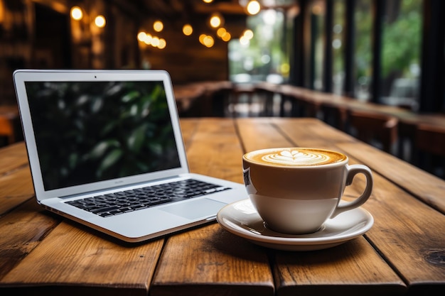 Laptop und Kaffeetasse auf Holztisch mit Kopierraum
