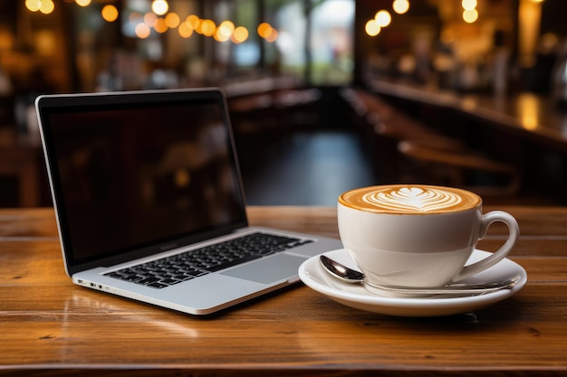 Laptop und Kaffeetasse auf Holztisch mit Kopierraum