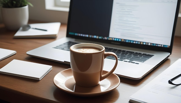 Laptop und Kaffeetasse in einem modernen Büro