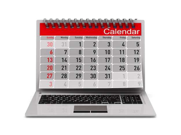 Laptop und Kalender auf weißem Hintergrund. Isolierte 3D-Illustration