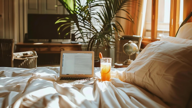 Laptop und Orangensaft auf dem Bett mit weißen Laken und Kissen Es gibt eine Pflanze im Hintergrund und Sonnenlicht kommt durch das Fenster