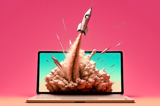 Laptop und Rakete Illustration rosa Hintergrund Generative KI