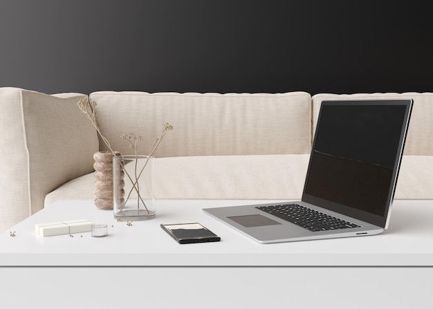 Laptop und Smartphone auf dem Tisch zu Hause Fernunterrichtskurse Online-Training Lernkonzept Arbeiten von zu Hause aus online arbeiten Einkaufen über das Internet E-Commerce Modernes Interieur 3D-Render