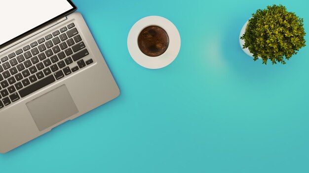 Laptop und weiße Kaffeetasse und kleine Pflanze auf hellblauem Schreibtischhintergrund 3D-Rendering