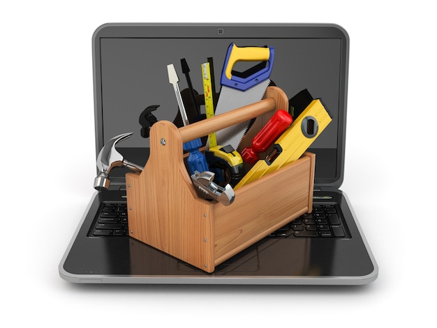 Laptop und Werkzeugkasten auf weißem isoliertem Hintergrund 3d