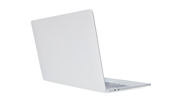 Laptop con vista trasera en maqueta de posición en ángulo aislada en maqueta de fondo blanco