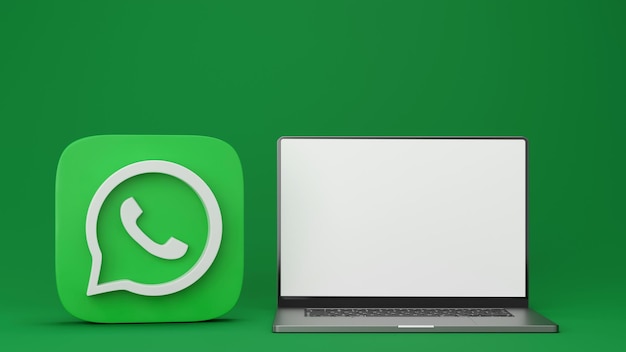 Foto laptop y whatsapp logos mockup sobre fondo verde 3d render