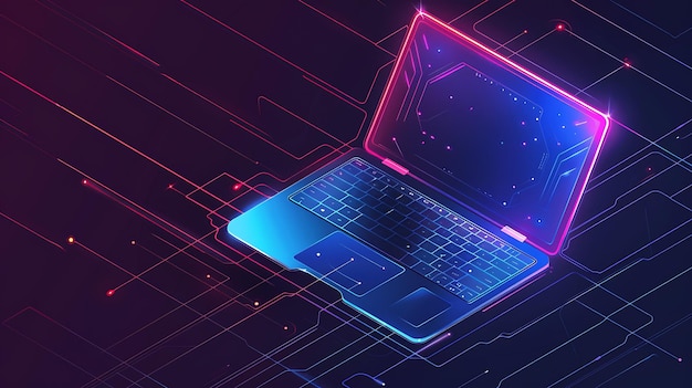 Foto laptop with glowing neon lights on a dark background