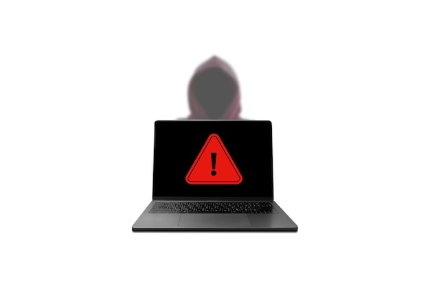 Laptop with red triangle caution icon on black screen and red hacker blurred in a white background