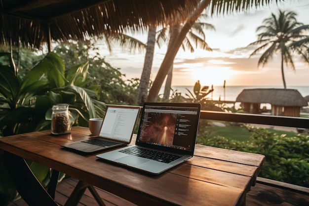 Laptops e uma xícara de café em um deck com vista para o mar.