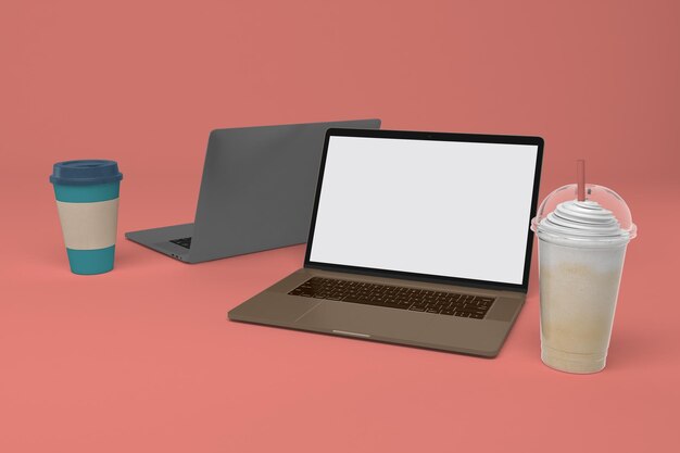 Laptops e xícaras de café do lado direito em fundo vermelho