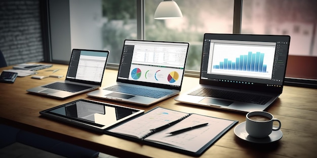 Laptops em uma mesa com uma tela mostrando um gráfico de um telefone e vários outros laptops