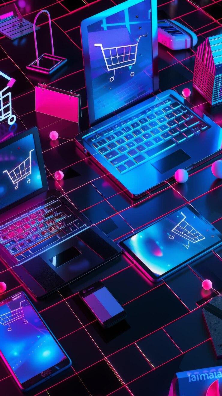 Foto laptops futuristas con carros de compras de neón para ventas cibernéticas