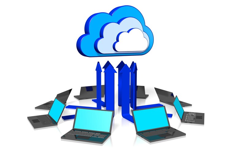 Foto laptops und pfeile cloud-computing-konzept 3d-darstellung