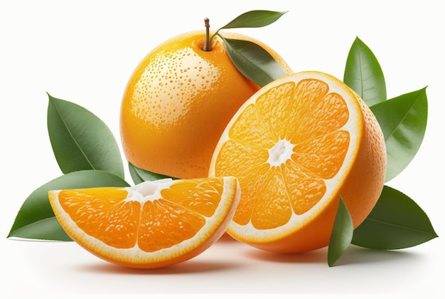 Laranja com corte e folhas isoladas no fundo branco Generative AI