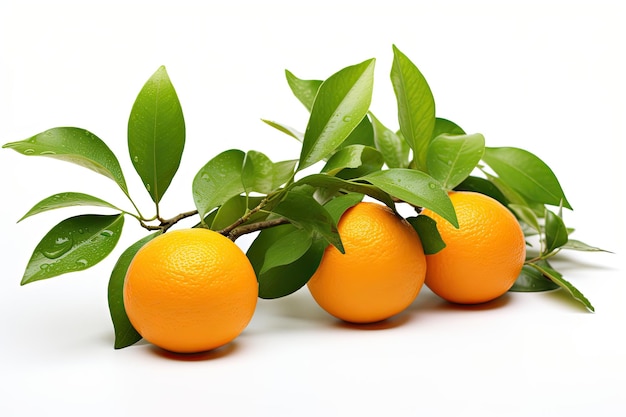 Laranja com folhas em fundo branco