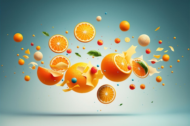 Laranja doce e frutas cítricas voando no ar Ilustração generativa de IA