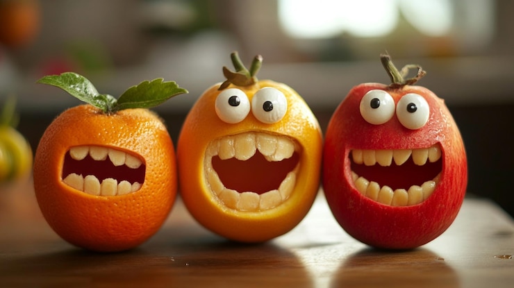 Foto laranja engraçado com rosto em fundo azul laranja engraçado com um sorriso