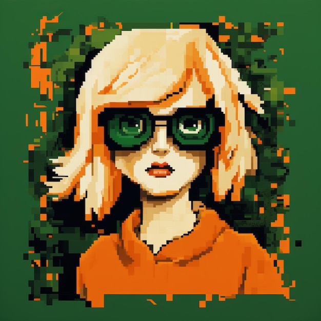 Foto laranja escuro e verde pixel arte de uma menina com óculos